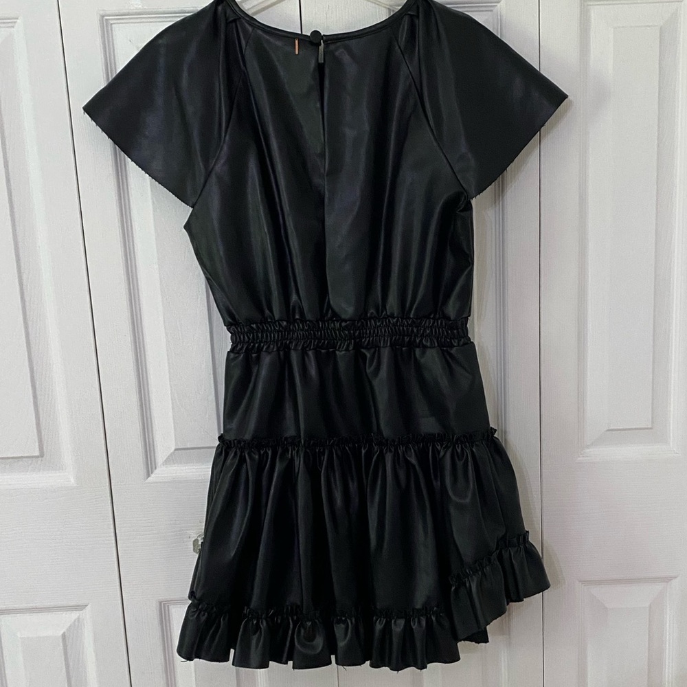 MISA LOS ANGELES Elegant Black Vegan Faux Leather Ruffled Dress S - Picture 2 of 10
